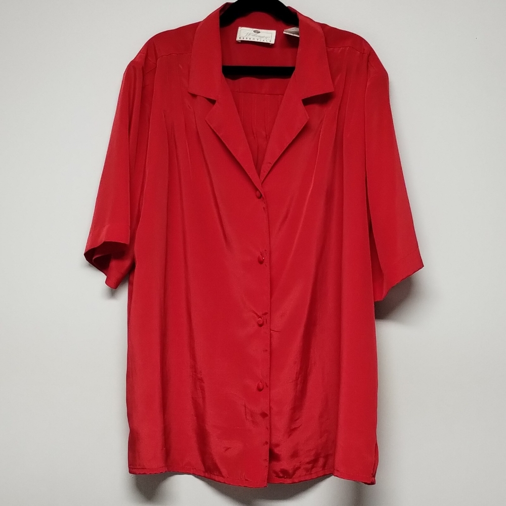 Worthington essentials red blouse button down collared shirt sz 12 short sleeve